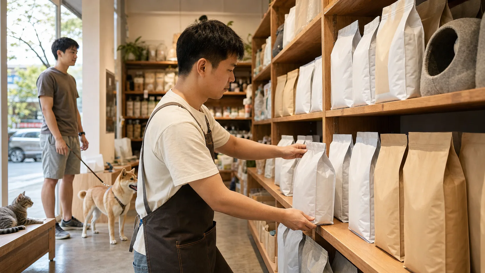 宠物店货架上的猫粮狗粮包装规格展示