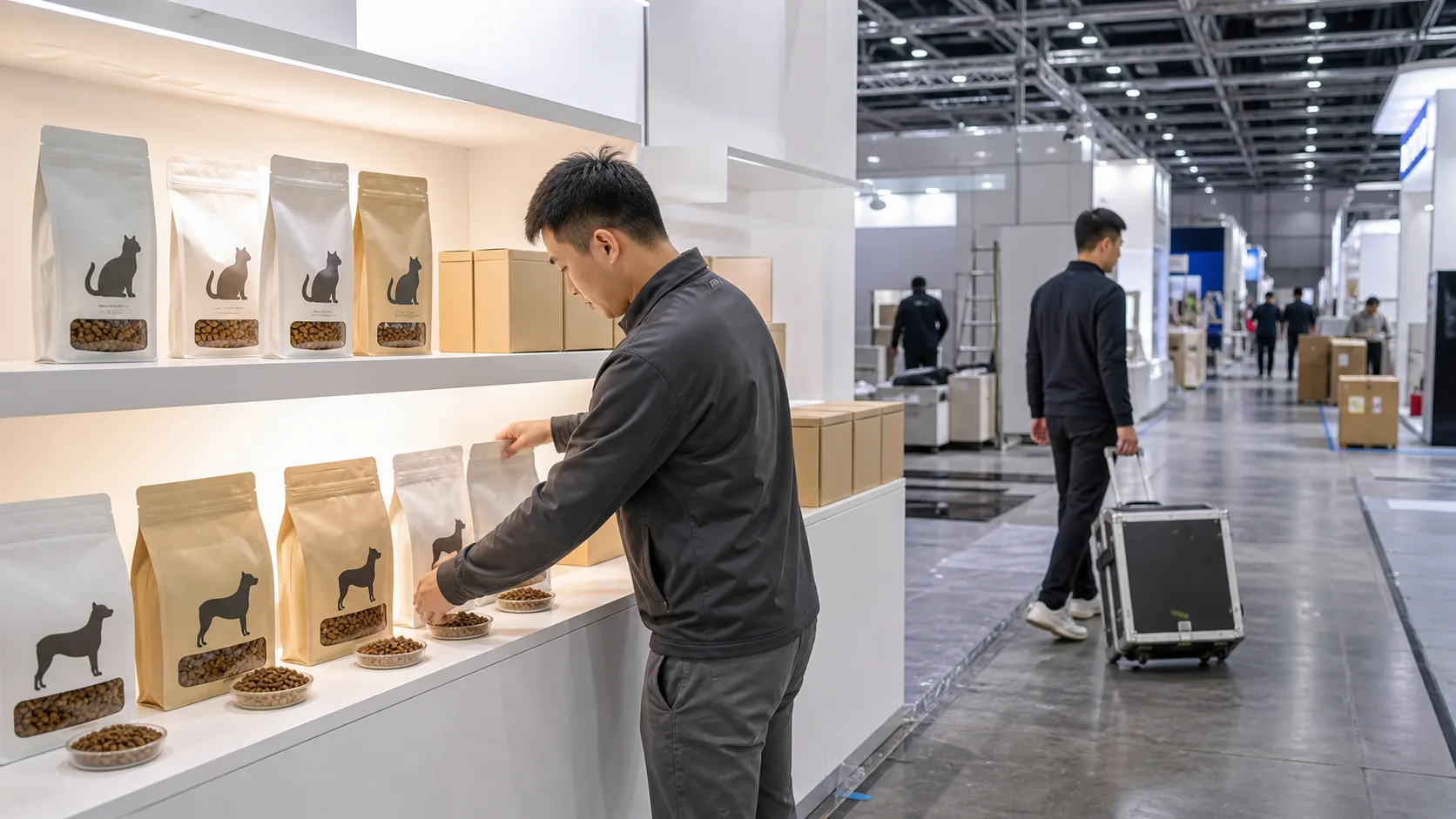 新际宠物参展前整理猫粮狗粮产品样品